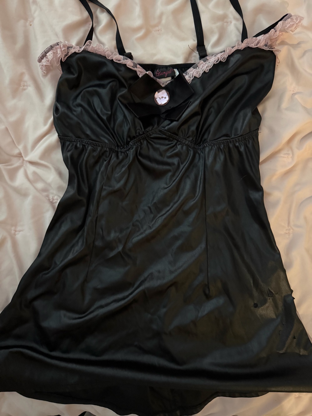 Dreamgirl Black Satin Chemise with Pink Lace Trim